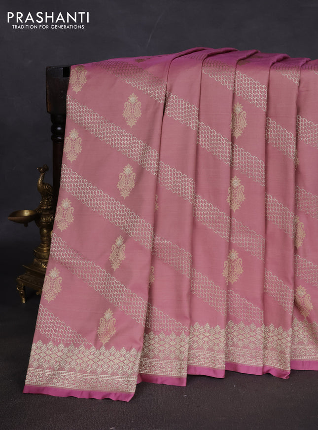 Banarasi semi katan silk saree mauve pink with allover zari weaves & thread wiven buttas and zari woven border
