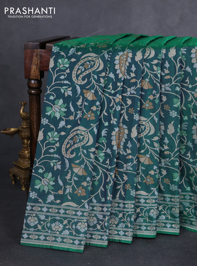 Banarasi semi katan silk saree green with allover zari weaves  and zari woven border