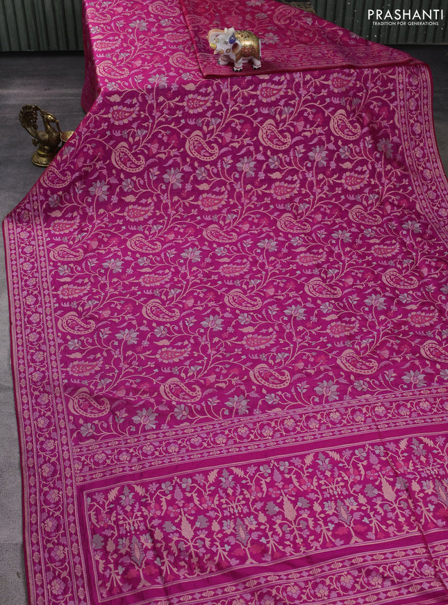 Banarasi semi katan silk saree dark magenta pink with allover zari weaves  and zari woven border