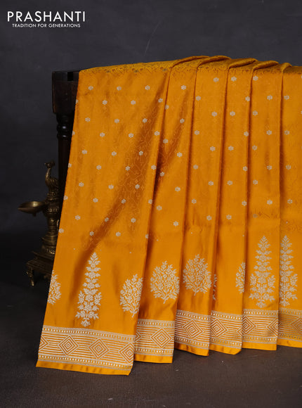 Banarasi semi katan silk saree yellow with allover thread weaves & zari woven buttas and zari woven border