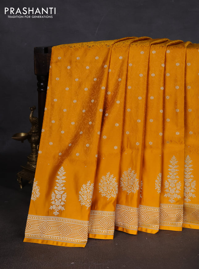 Banarasi semi katan silk saree yellow with allover thread weaves & zari woven buttas and zari woven border