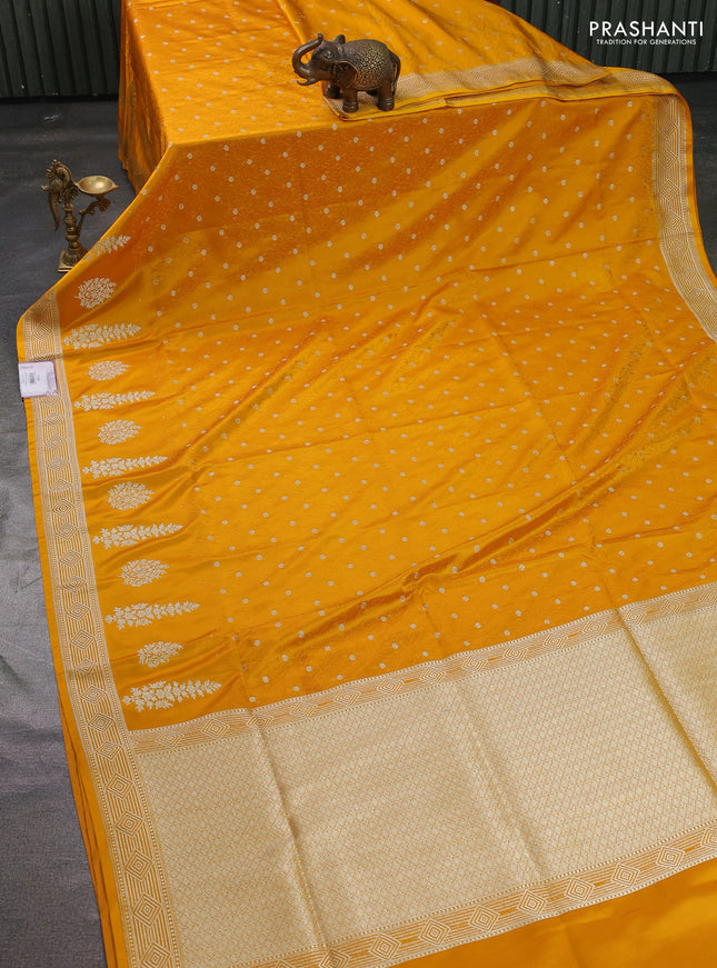 Banarasi semi katan silk saree yellow with allover thread weaves & zari woven buttas and zari woven border