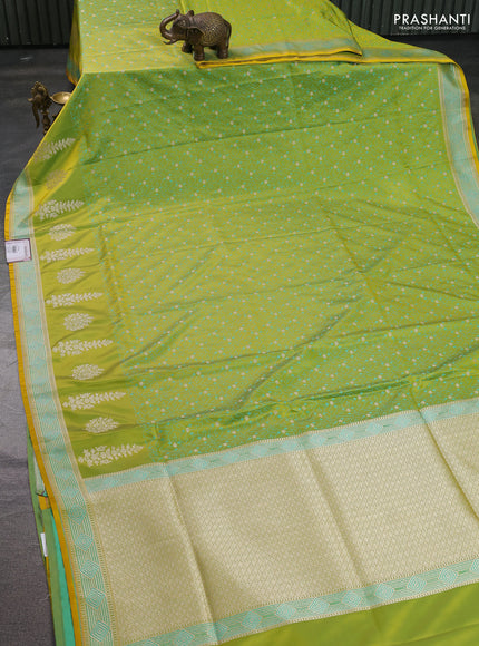 Banarasi semi katan silk saree lime green with allover thread weaves & zari woven buttas and zari woven border