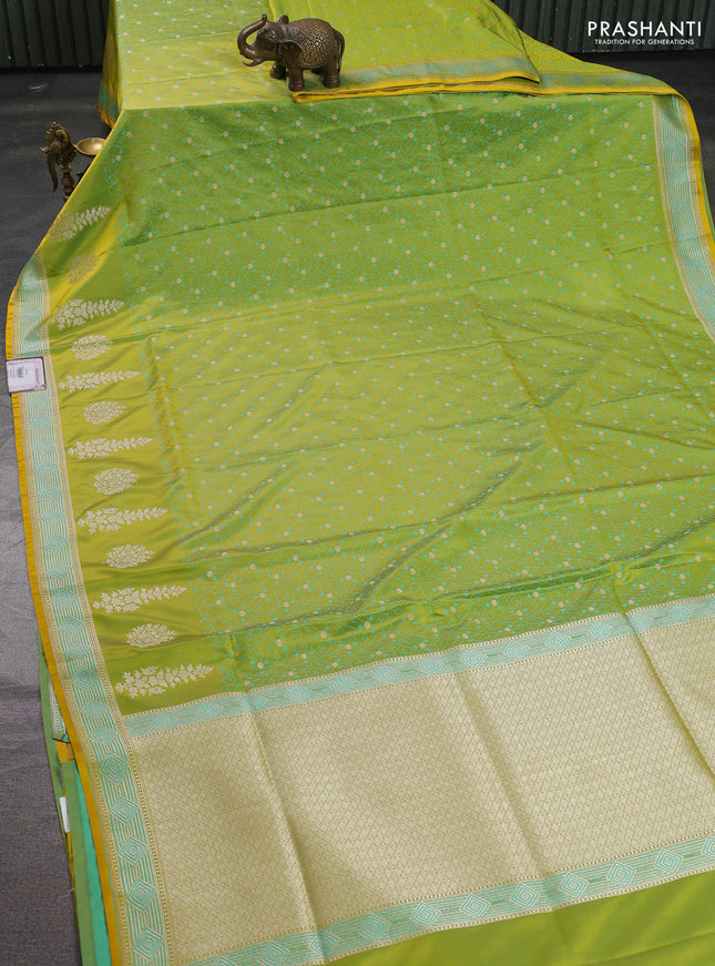 Banarasi semi katan silk saree lime green with allover thread weaves & zari woven buttas and zari woven border