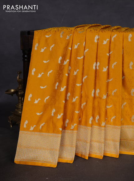 Banarasi semi katan silk saree yellow with allover thread weaves & zari woven border and zari woven border