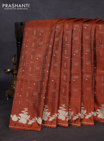 Banarasi semi katan silk saree brown with allover thread weaves & zari woven buttas and zari woven border