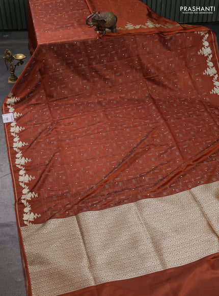 Banarasi semi katan silk saree brown with allover thread weaves & zari woven buttas and zari woven border
