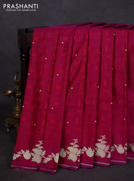 Banarasi semi katan silk saree dark magenta pink with allover thread weaves & zari woven buttas and zari woven border