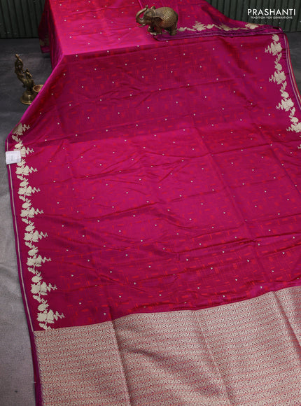 Banarasi semi katan silk saree dark magenta pink with allover thread weaves & zari woven buttas and zari woven border
