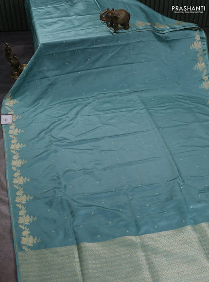 Banarasi semi katan silk saree pastel green with allover thread weaves & zari woven buttas and zari woven border