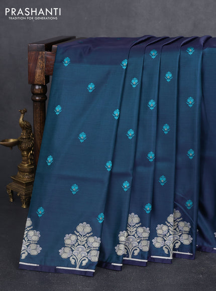 Banarasi semi katan silk saree dual shade of bluish green with allover thread woven buttas and zari woven butta border