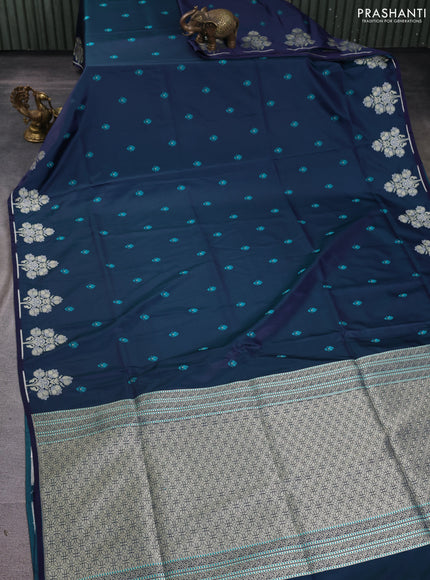 Banarasi semi katan silk saree dual shade of bluish green with allover thread woven buttas and zari woven butta border