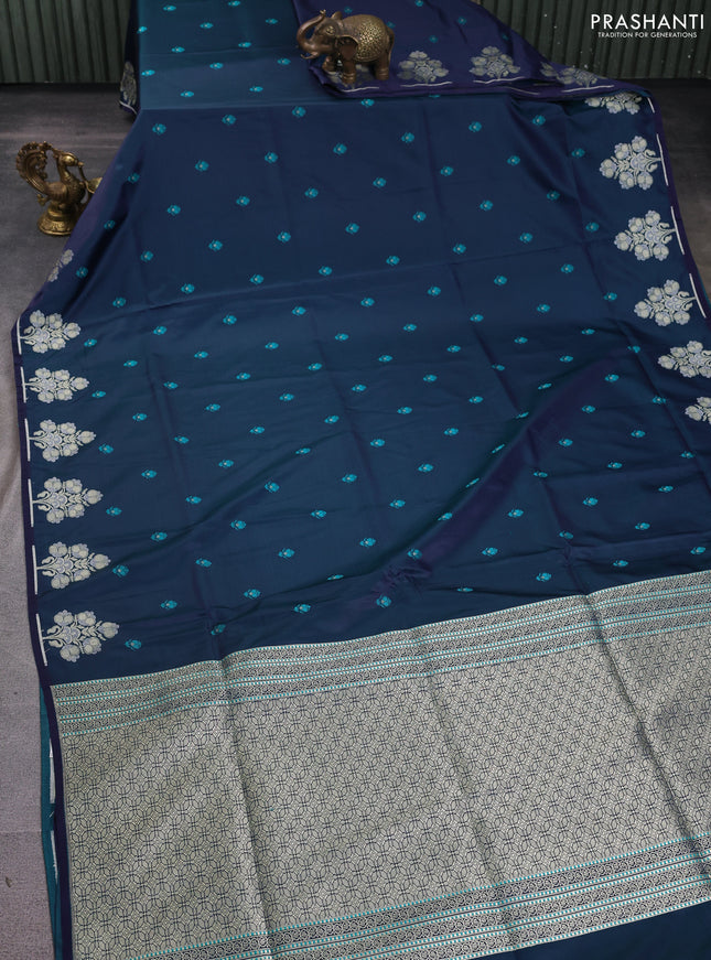 Banarasi semi katan silk saree dual shade of bluish green with allover thread woven buttas and zari woven butta border