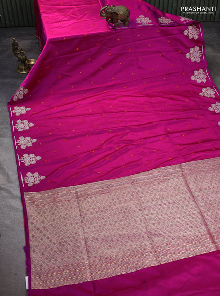 Banarasi semi katan silk saree dark pink with allover thread woven buttas and zari woven butta border