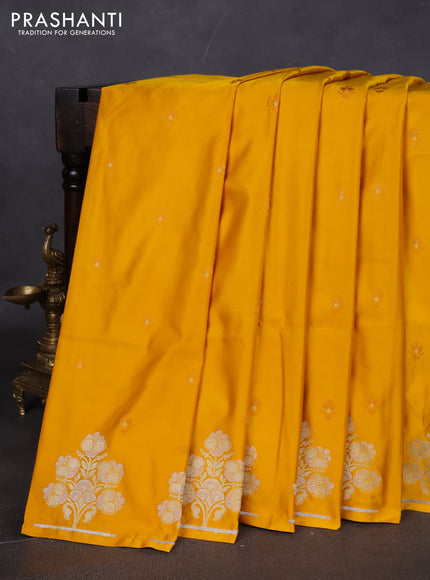 Banarasi semi katan silk saree yellow with allover thread woven buttas and zari woven butta border