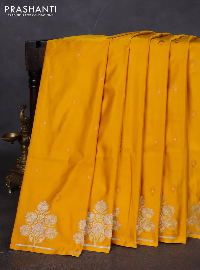 Banarasi semi katan silk saree yellow with allover thread woven buttas and zari woven butta border