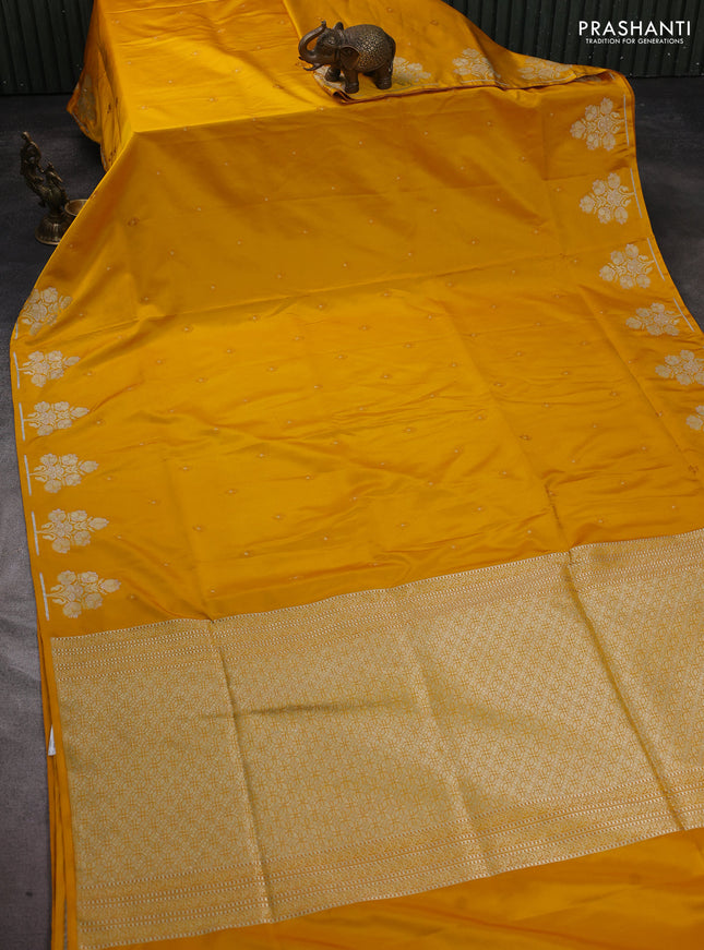 Banarasi semi katan silk saree yellow with allover thread woven buttas and zari woven butta border