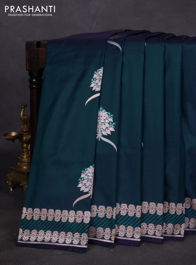 Banarasi semi katan silk saree peacock blue with thread & zari woven buttas and zari woven border