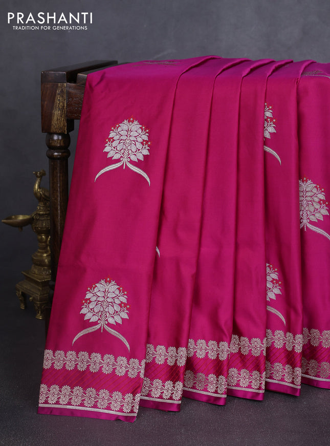 Banarasi semi katan silk saree dark pink with thread & zari woven buttas and zari woven border