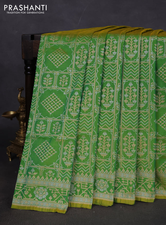 Banarasi semi katan silk saree light green with allover silver & gold zari woven buttas and zari woven border