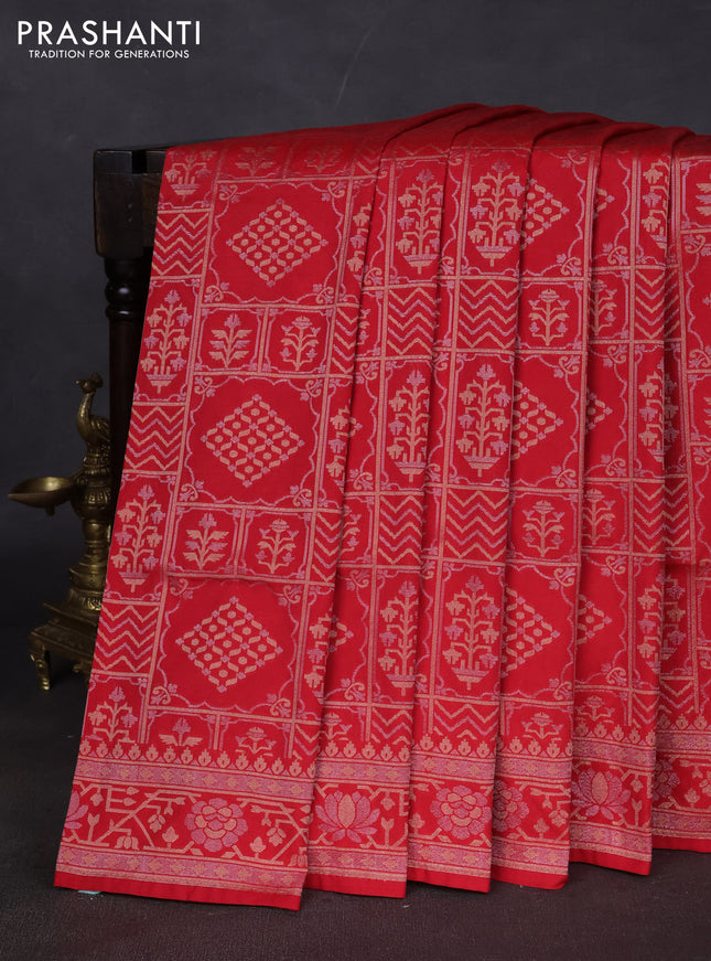 Banarasi semi katan silk saree red with allover silver & gold zari woven buttas and zari woven border