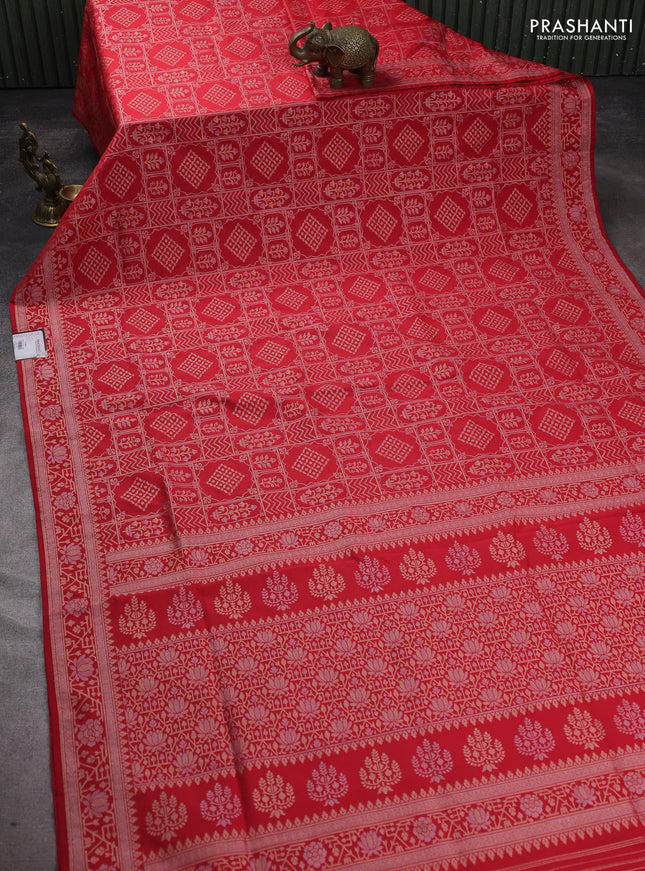 Banarasi semi katan silk saree red with allover silver & gold zari woven buttas and zari woven border