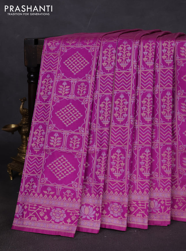 Banarasi semi katan silk saree magenta pink with allover silver & gold zari woven buttas and zari woven border
