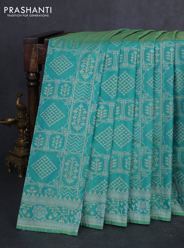 Banarasi semi katan silk saree dual shade of teal green with allover silver & gold zari woven buttas and zari woven border