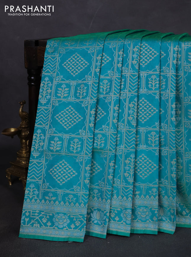 Banarasi semi katan silk saree teal blue with allover silver & gold zari woven buttas and zari woven border