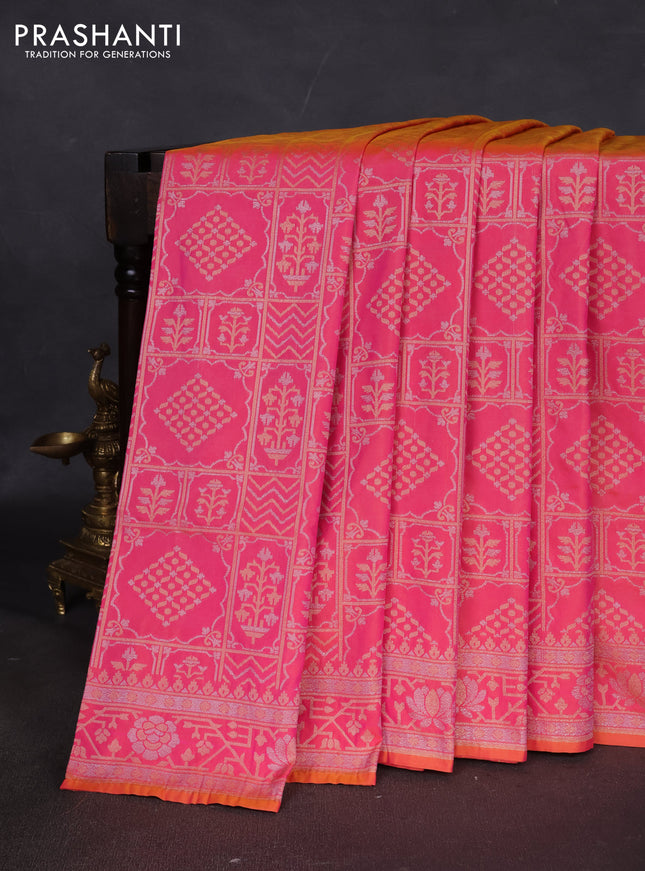 Banarasi semi katan silk saree peach pink with allover silver & gold zari woven buttas and zari woven border