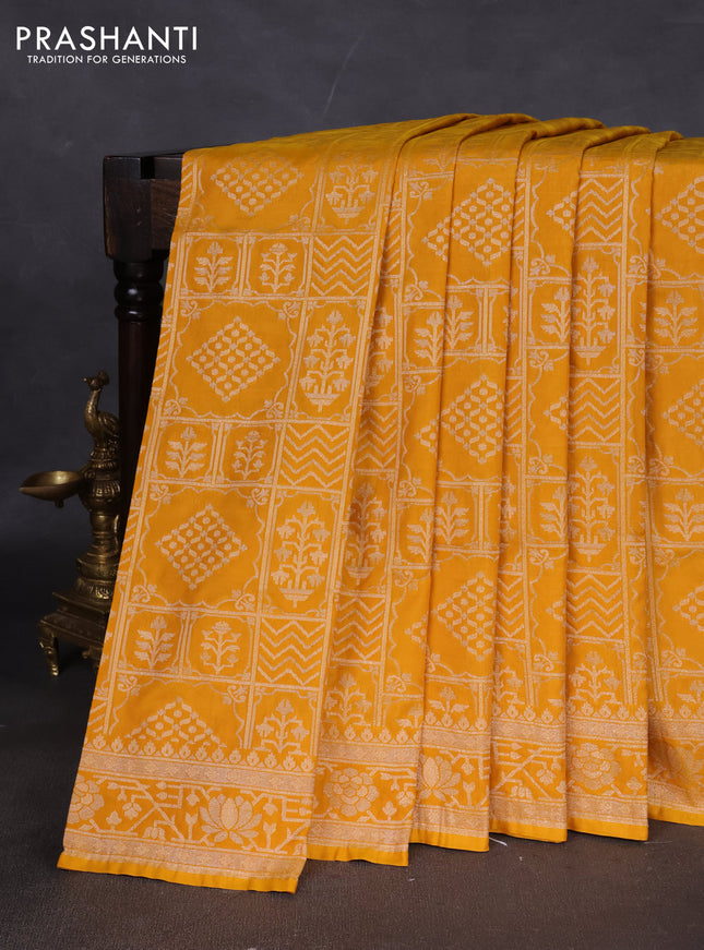 Banarasi semi katan silk saree mustard yellow with allover silver & gold zari woven buttas and zari woven border