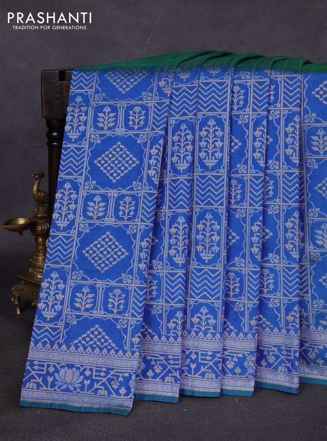 Banarasi semi katan silk saree dual shade of bluish green with allover silver & gold zari woven buttas and zari woven border