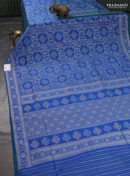 Banarasi semi katan silk saree dual shade of bluish green with allover silver & gold zari woven buttas and zari woven border