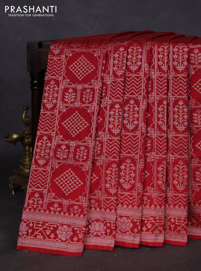 Banarasi semi katan silk saree red with allover silver & gold zari woven buttas and zari woven border