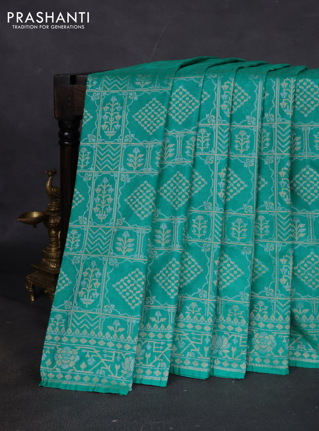 Banarasi semi katan silk saree teal green with allover silver & gold zari woven buttas and zari woven border