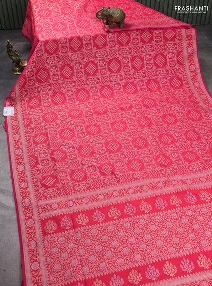 Banarasi semi katan silk saree pink with allover silver & gold zari woven buttas and zari woven border