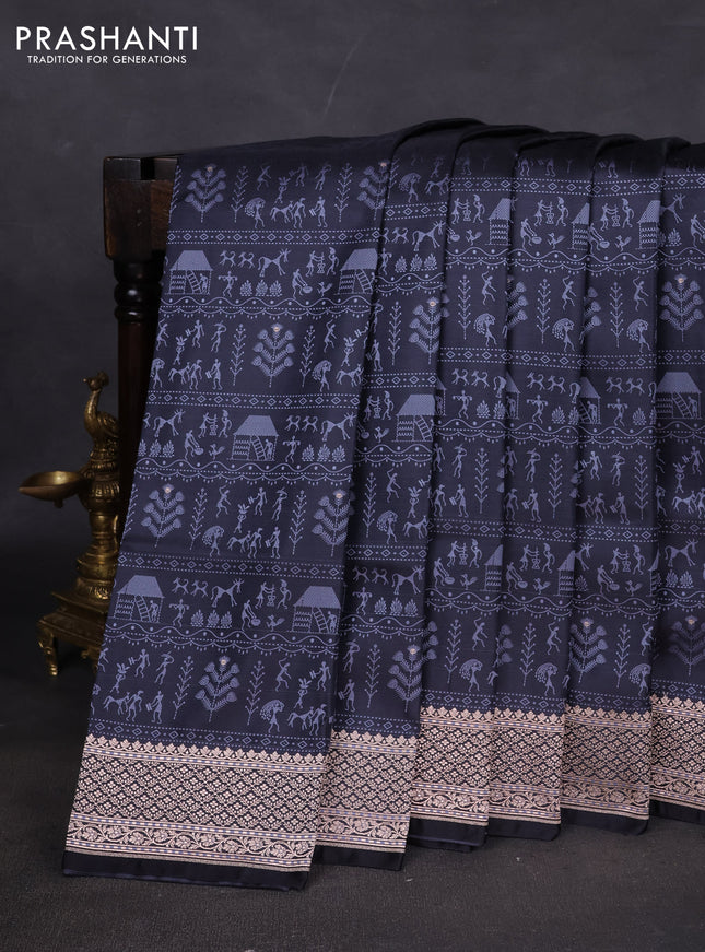 Banarasi semi katan silk saree grey with allover self emboss and copper zari woven border