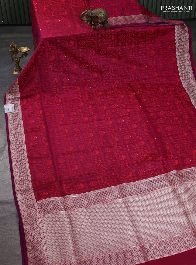 Banarasi semi katan silk saree deep purple with allover self emboss and copper zari woven border