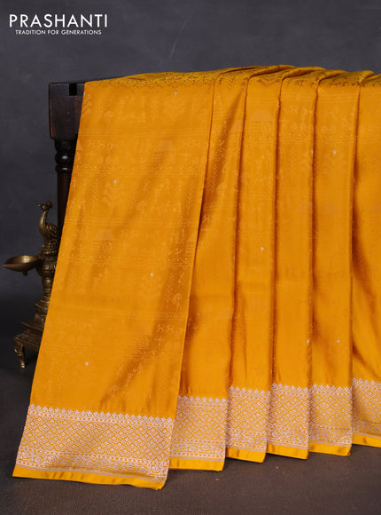 Banarasi semi katan silk saree yellow with allover self emboss and copper zari woven border