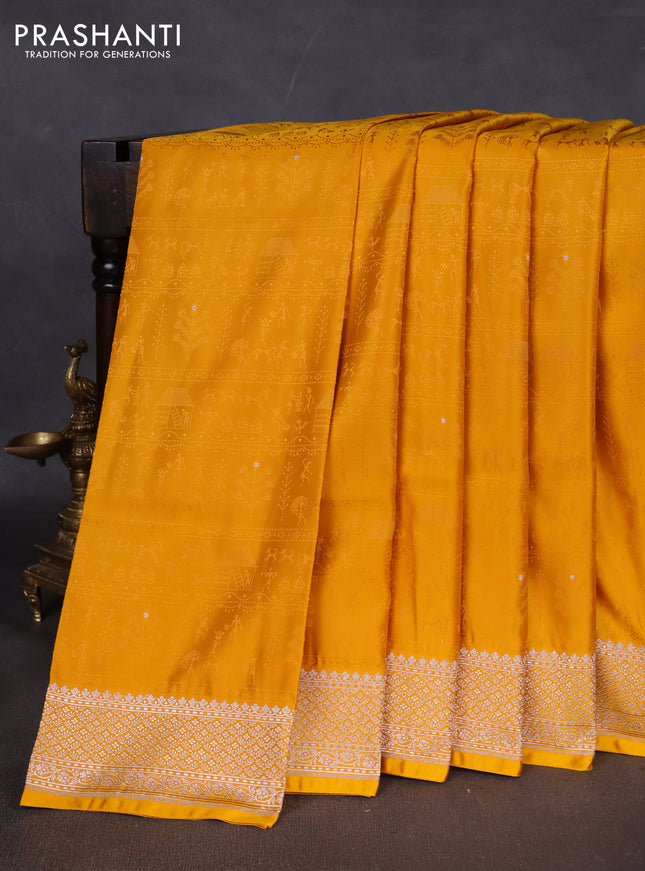 Banarasi semi katan silk saree yellow with allover self emboss and copper zari woven border