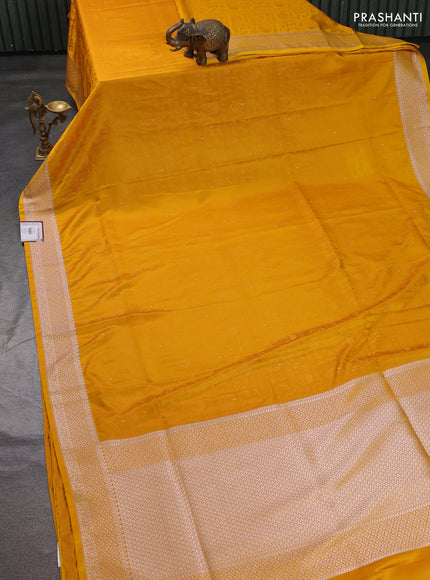 Banarasi semi katan silk saree yellow with allover self emboss and copper zari woven border