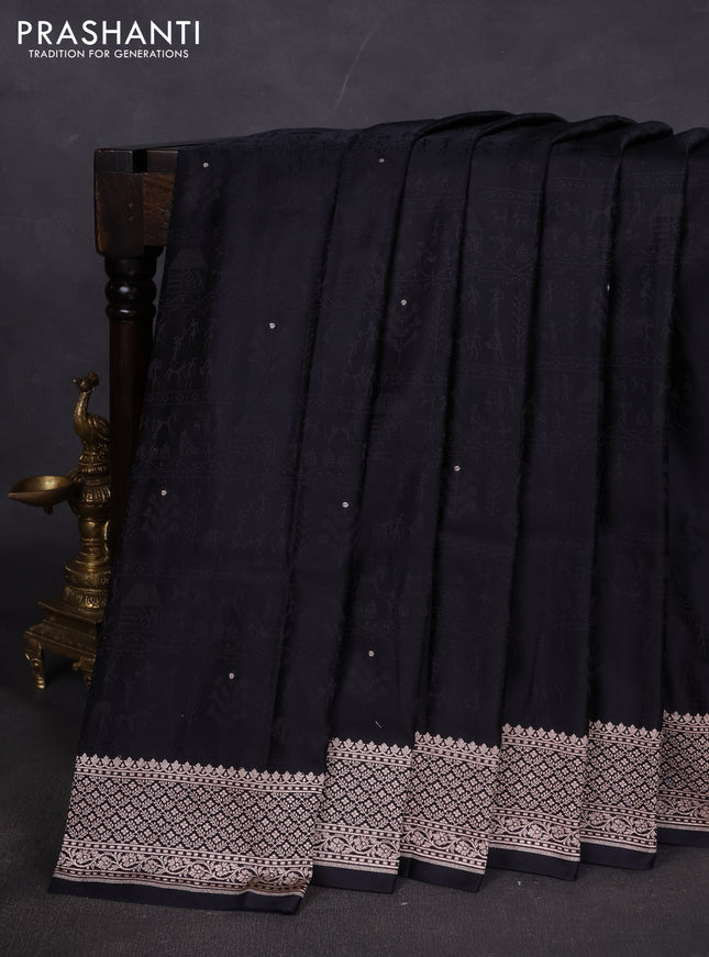 Banarasi semi katan silk saree black with allover self emboss and copper zari woven border