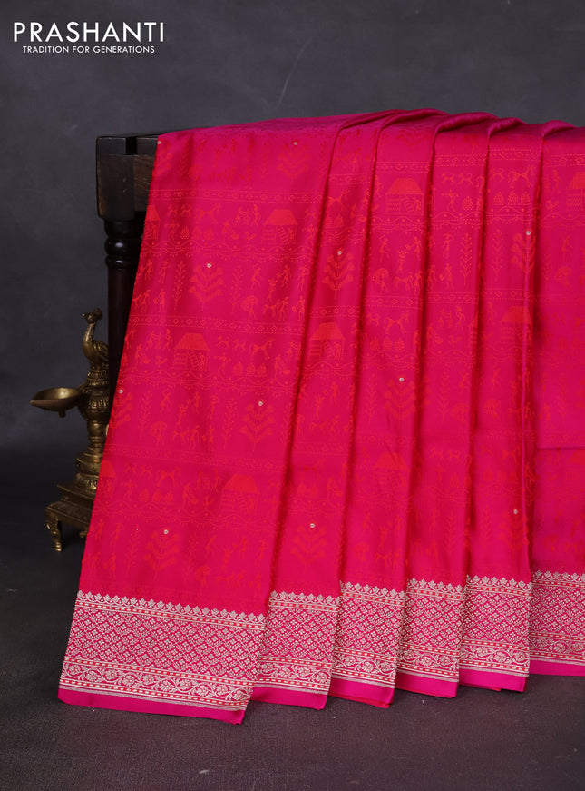 Banarasi semi katan silk saree dark pink with allover self emboss and copper zari woven border