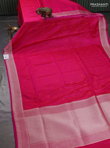 Banarasi semi katan silk saree dark pink with allover self emboss and copper zari woven border
