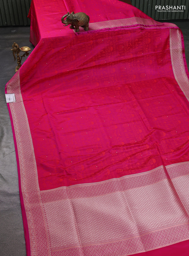 Banarasi semi katan silk saree dark pink with allover self emboss and copper zari woven border
