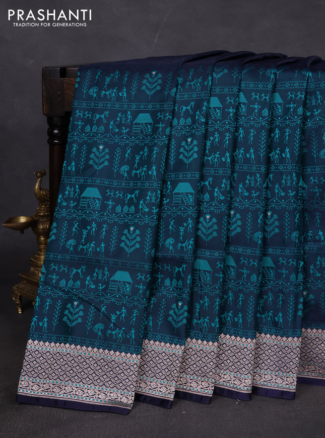 Banarasi semi katan silk saree navy blue with allover self emboss and copper zari woven border