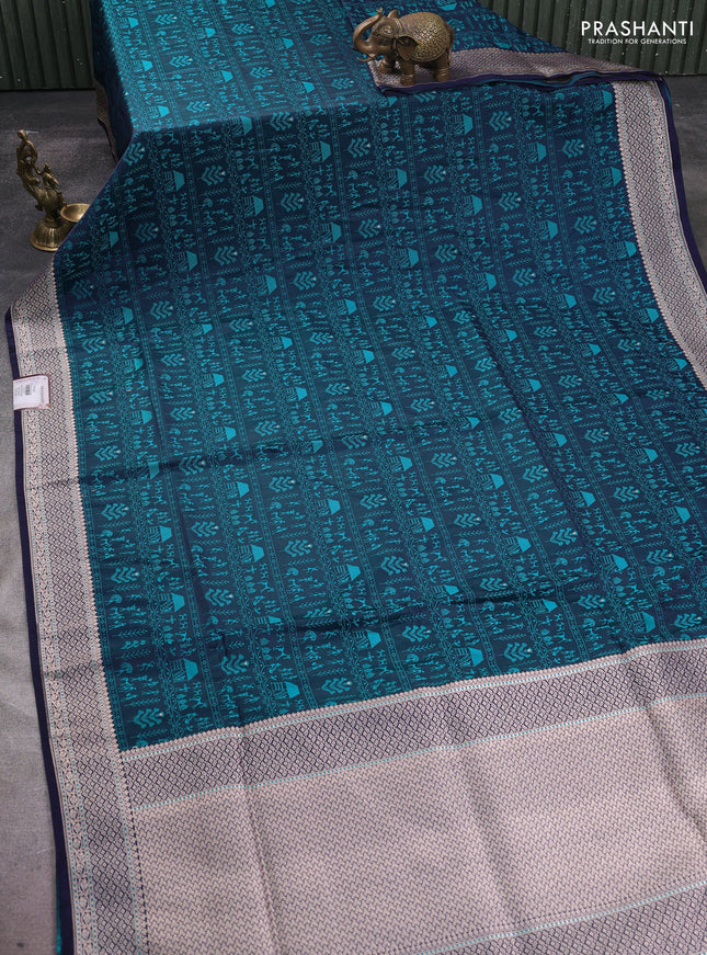 Banarasi semi katan silk saree navy blue with allover self emboss and copper zari woven border