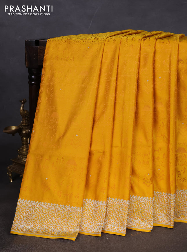 Banarasi semi katan silk saree yellow with allover self emboss and copper zari woven border