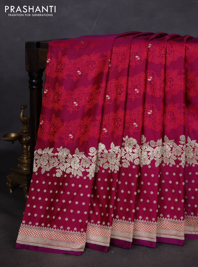 Banarasi semi katan silk saree purple with allover floral self emboss & zari woven buttas and zari woven border