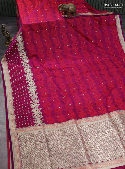 Banarasi semi katan silk saree purple with allover floral self emboss & zari woven buttas and zari woven border